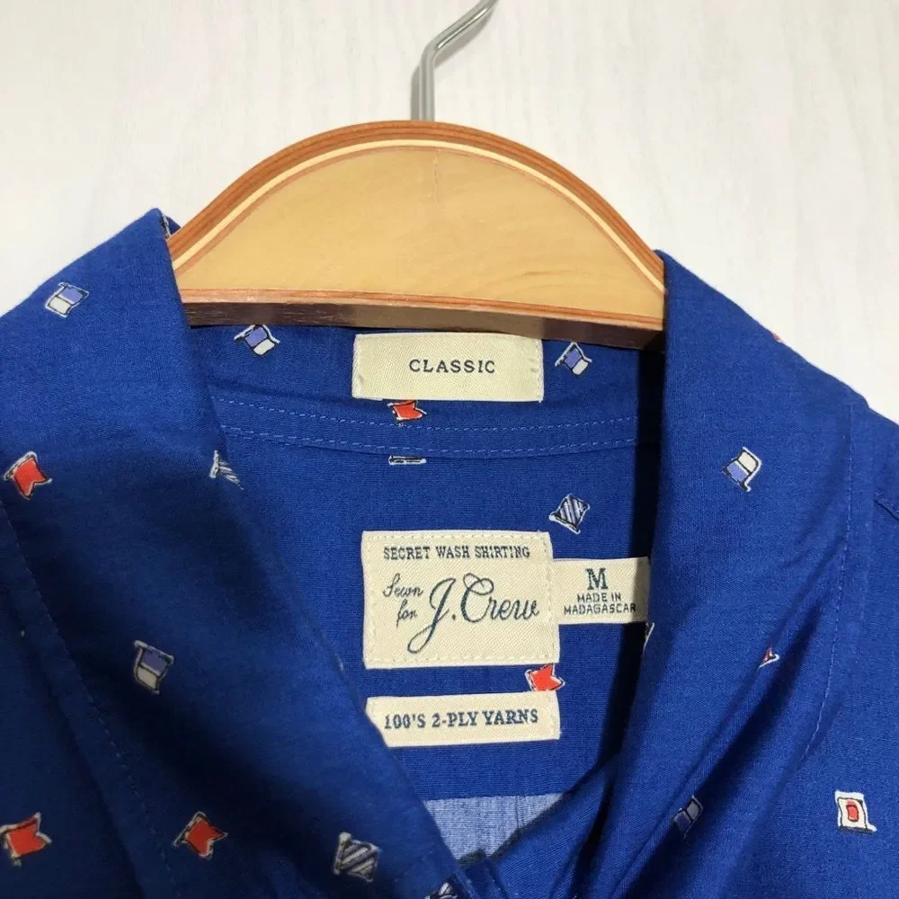 J. Crew Shirt Mens Medium Blue Secret Wash Poplin Button Down Nautical Flag New